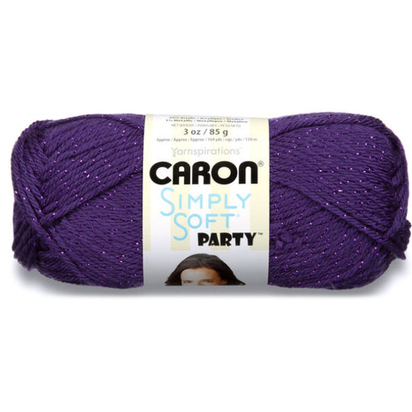 A ball of Caron Simply Soft Party yarn in purple shade with shiny purple flecks