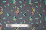 Flat swatch grey fabric (grey fabric with small tossed emblems allover rainbows with floral/greenery, small teal and yellow snails with pink flower petals, teal coloured rocks, tiny teal and yellow dots and stars)