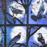 Square swatch - Spooky Crows Panel - 24" x 45" (8 black framed panes with blue night skies, white full moons, tree branches and crows)