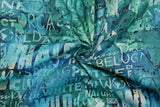 Print "Teal Words" from the Whale Song collection, twisted to show drape and texture.