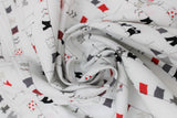 Swirled swatch clothes line fabric (white fabric with repeated clothes on line graphic allover: grey, red, black, white colourway small cartoon clothing)