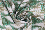 Swirled swatch Trees fabric (white fabric with hand drawn style forest trees allover in various green and brown shades)
