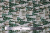 Flat swatch Trees fabric (white fabric with hand drawn style forest trees allover in various green and brown shades)