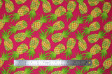 Flat swatch Pineapples fabric (hot pink fabric with tossed yellow and green pineapples with lemon and lime prints within pineapples)