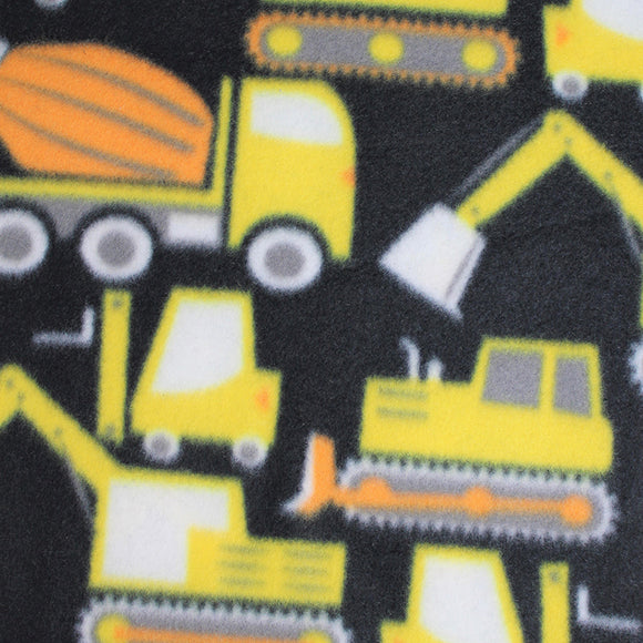 Square swatch trucks fabric (black fabric with cartoon yellow, orange, and white construction vehicles and trucks, tractor, cement truck, digger)