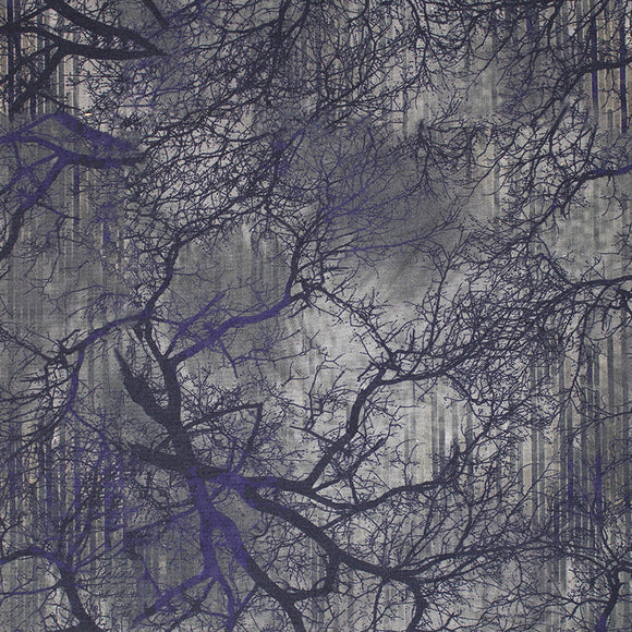 Square swatch twilight fabric (light to dark grey marbled look fabric with large black and dark purple spooky trees/branches and thin stripes/trunks behind)