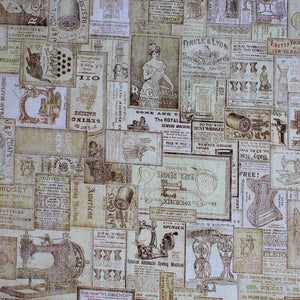 Square swatch Vintage Sewing fabric (vintage style sewing related articles, stamps, etc. collaged together)