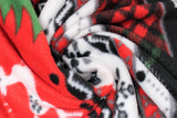 Swirled swatch deer snowflakes stripes fabric (christmas stripes fabric lines of red with black polka dot header and footer and white deer shapes and green trees, black/green/red/white plaid stripe, white stripe with black and grey snowflake shapes and thin stripes of black and white chevron and red and grey x's)