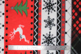 Flat swatch deer snowflakes stripes fabric (christmas stripes fabric lines of red with black polka dot header and footer and white deer shapes and green trees, black/green/red/white plaid stripe, white stripe with black and grey snowflake shapes and thin stripes of black and white chevron and red and grey x's)