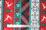 Flat swatch deer cardinal plaid stripes fabric (christmas stripes fabric lines of red with black polka dot header and footer and white deer shapes and green trees, thin green stripes with red cardinal shapes and white holly, black/green/red/white plaid stripe, white stripe with black christmas sweater look pattern and green/white chevron pattern header footer)