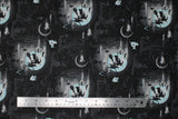 Flat swatch Witchy fabric (black fabric with repeated outdoor graphic/scene with dark graveyard and white moon and ghosts with black witch on broom silhouette and bats, etc.)