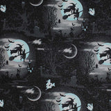 Square swatch Witchy fabric (black fabric with repeated outdoor graphic/scene with dark graveyard and white moon and ghosts with black witch on broom silhouette and bats, etc.)