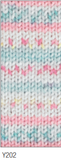 Swatch of Magi-Knit DK self-patterning yarn in shade Y202 (white, light pink, and baby blue)