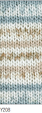 Swatch of Magi-Knit DK self-patterning yarn in shade Y208 (white, beige, tan, faded blue)