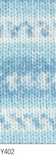 Swatch of Magi-Knit DK self-patterning yarn in shade Y402 (white, light and dark blue)