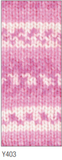 Swatch of Magi-Knit DK self-patterning yarn in shade Y403 (white, light and medium pink)