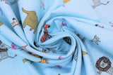 Swirled swatch light blue zoo animals fabric (blue fabric with small drawn style zoo animals in full colour allover lions, giraffes, elephants, zebras, etc.)