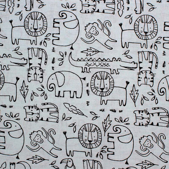 Square swatch Zoo Animals fabric (white fabric with tossed black outline/drawn style cartoon animals allover and tossed leaves: elephants, monkeys, lions, tigers, toucans, etc.)