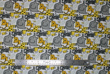 Flat swatch Zoo Animals fabric (white fabric with doodle style zoo animals in grey and yellow shades allover: elephants, giraffes, birds, monkeys, bees)